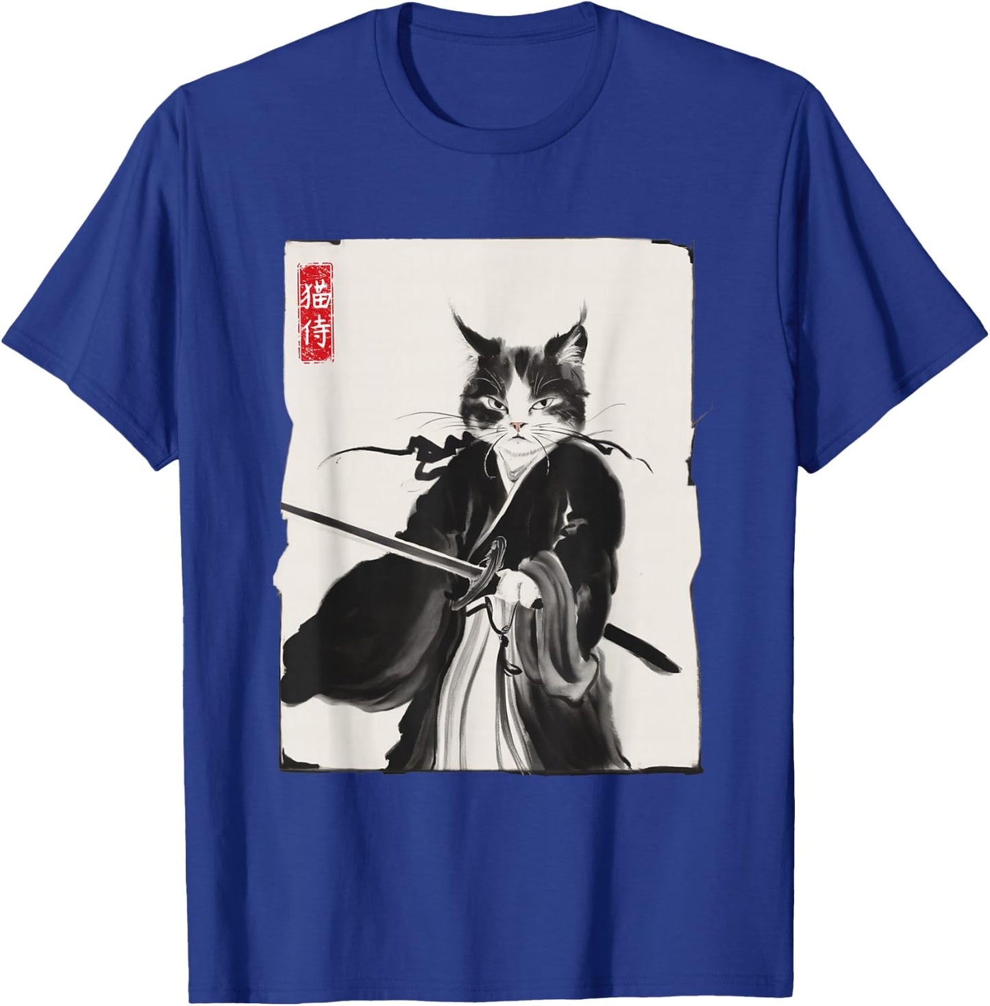 Samurai Cat Warrior Ink Art Funny Japanese Style T-Shirt - T-Shirt | Royal