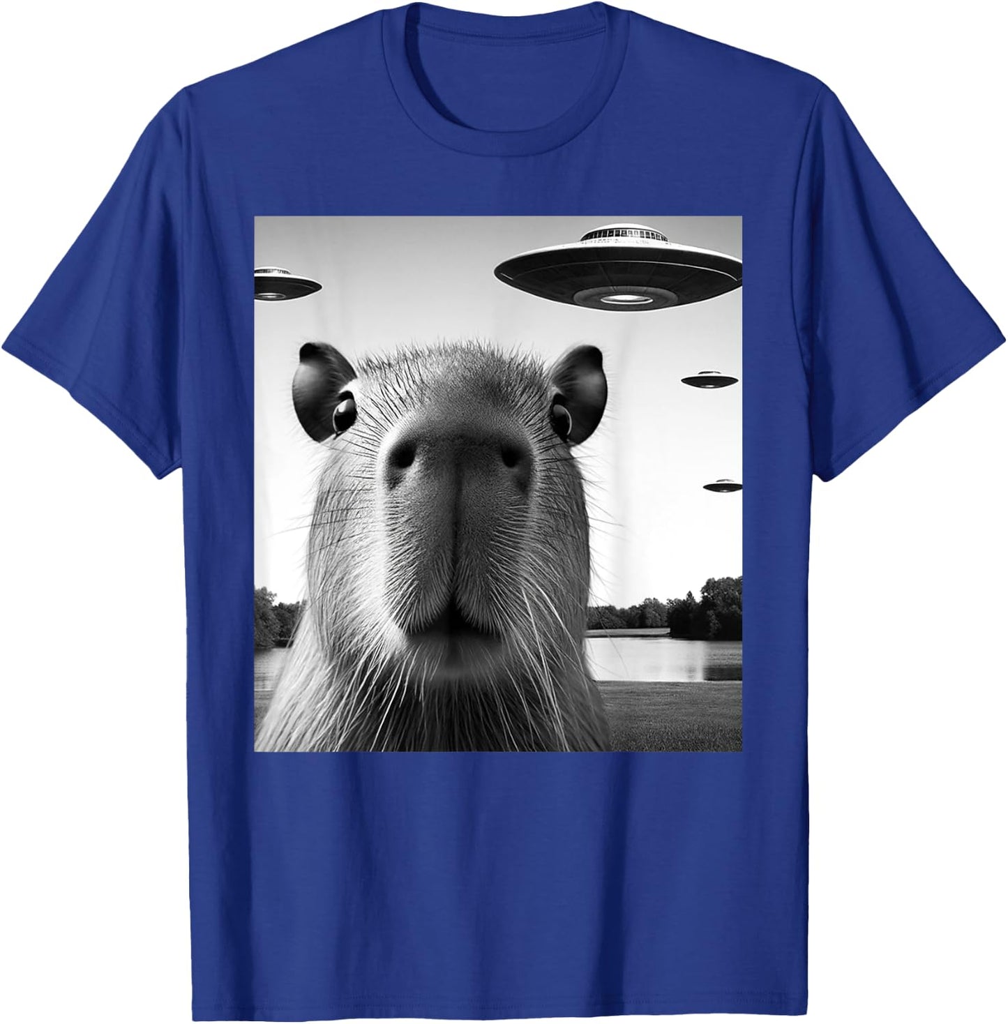 Funny Capybara Selfie with UFOs Weird Graphic T-Shirt - T-Shirt | Royal