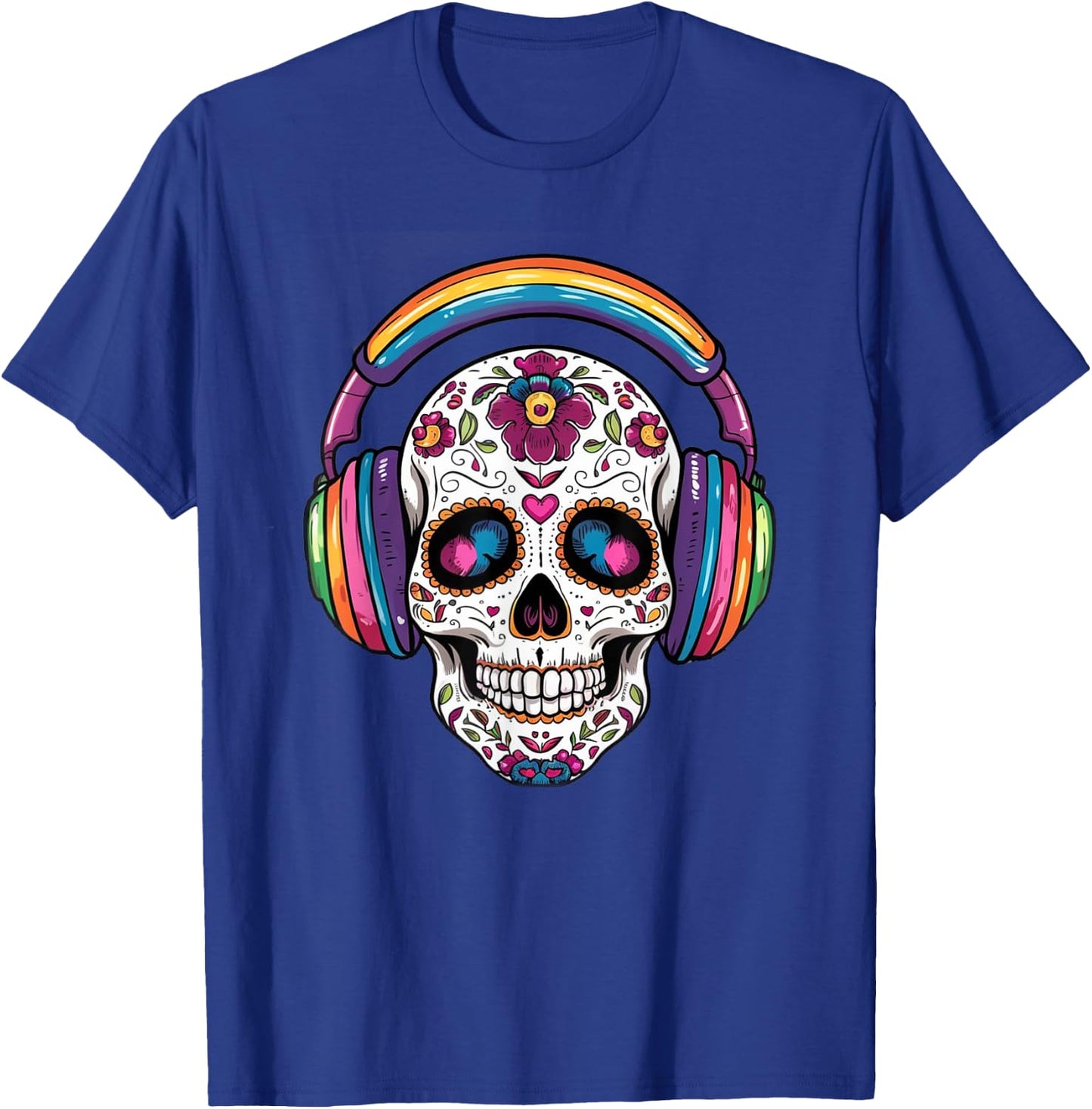 Sugar Skull Headphones Day of Dead Halloween Dia De Muertos T-Shirt - T-Shirt | Royal