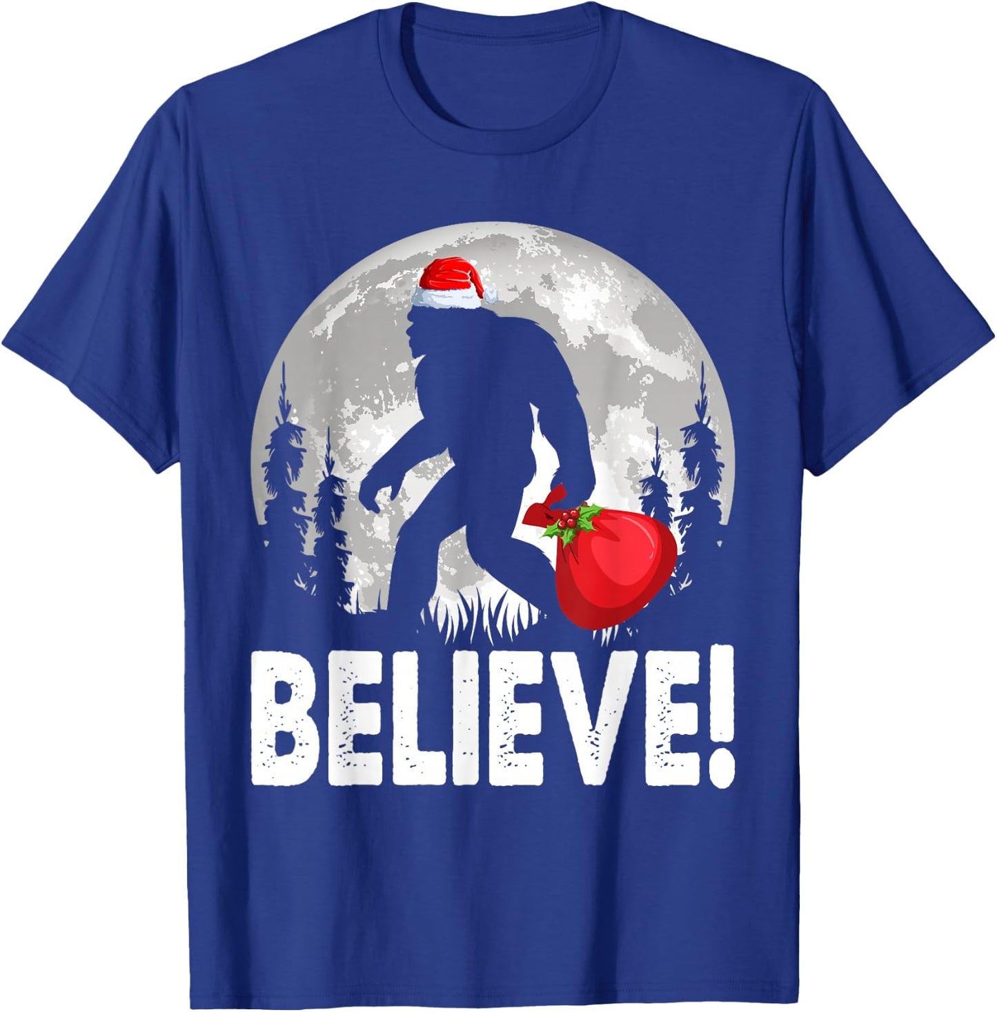 Believe! Santa Bigfoot Christmas Snow & Moon Night Graphic T-Shirt - T-Shirt | Royal