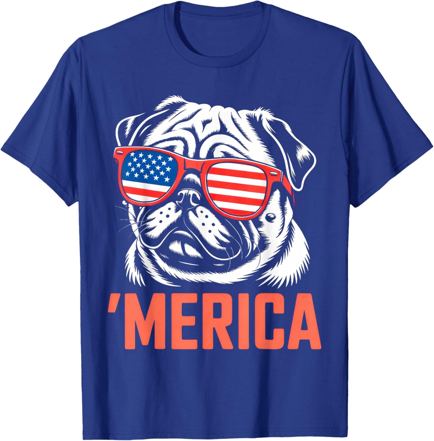 Merica Pug American Flag Patriotic USA Dog Lover Men Women T-Shirt - T-Shirt | Royal