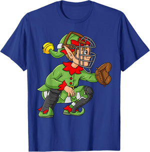 Christmas Elf Baseball Catcher Boys Girls Kids Pajama Xmas T-Shirt - T-Shirt | Royal
