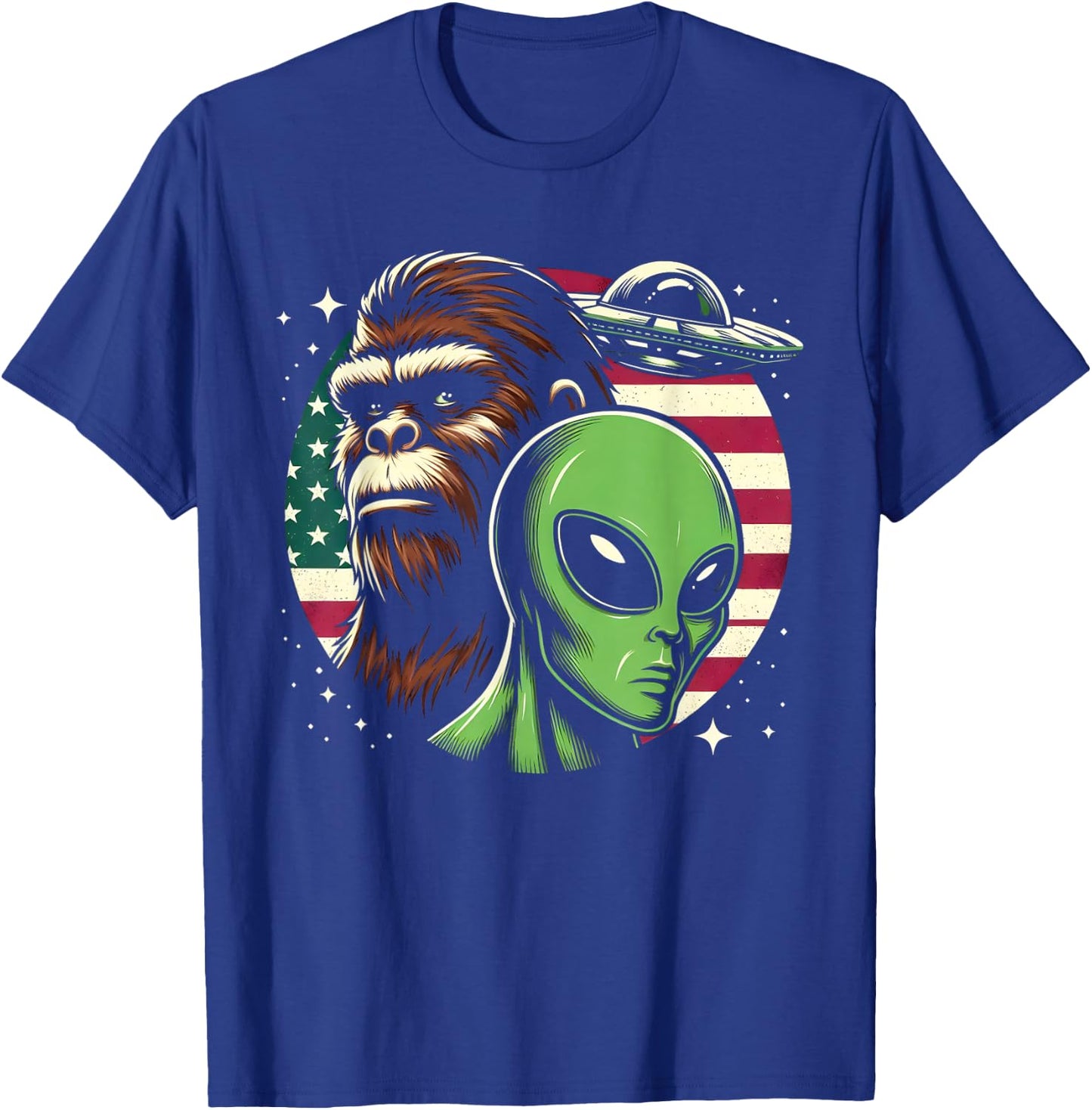 Bigfoot Sasquatch Alien UFO USA American Flag T-Shirt - T-Shirt | Royal