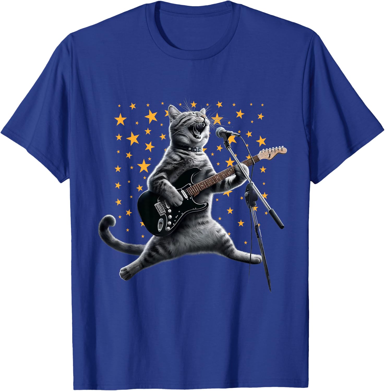 Rock Cat Playing Guitar Electric in space Funny kitty Galaxy T-Shirt - T-Shirt | Royal