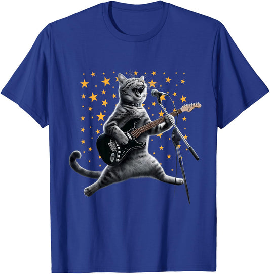 Rock Cat Playing Guitar Electric in space Funny kitty Galaxy T-Shirt - T-Shirt | Royal