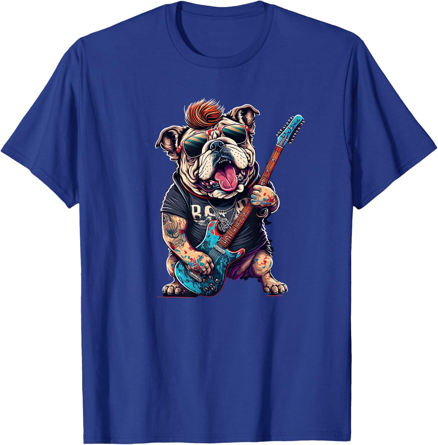 Funny Bulldog Dog Rock and Roll Rocker 80s 90s Women Girls Kids T-Shirt - T-Shirt | Royal