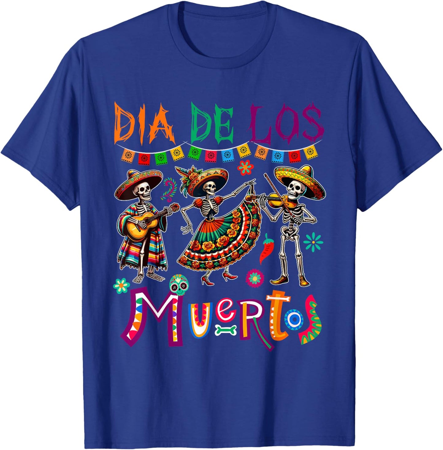 Dia De Los Muertos Three Floral Skeletons Mexican Dancing T-Shirt - T-Shirt | Royal
