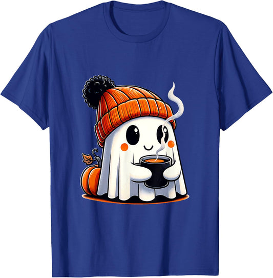 Halloween Cute Kawaii Ghost Drinking Coffee Women Men Kids T-Shirt - T-Shirt | Royal