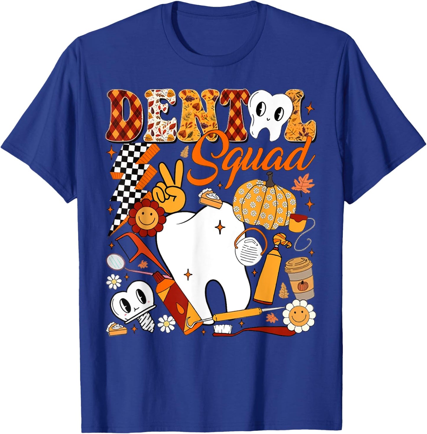 Dental Squad Fall Retro Tooth Dental Life Pumpkin Autumn T-Shirt - T-Shirt | Royal