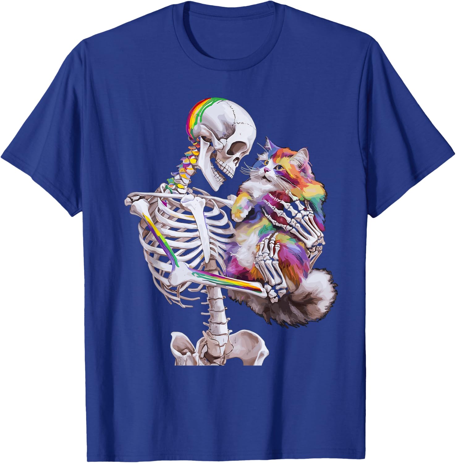 Colorful Paint Splash Cat And Skeleton Art Graphic T-Shirt - T-Shirt | Royal