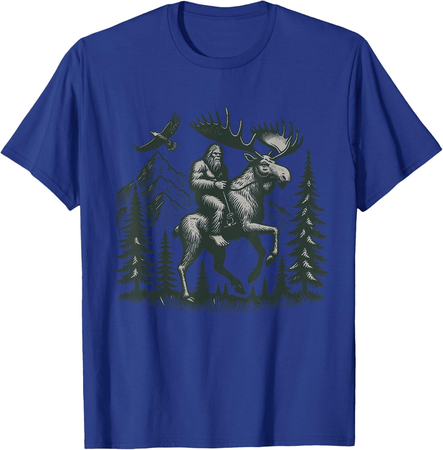 Explore Outdoors Sasquatch Creature Riding a Majestic Moose Bigfoot Adventure - -Adult, Grey, Small, Short Sleeve T-Shirt - T-Shirt | Royal