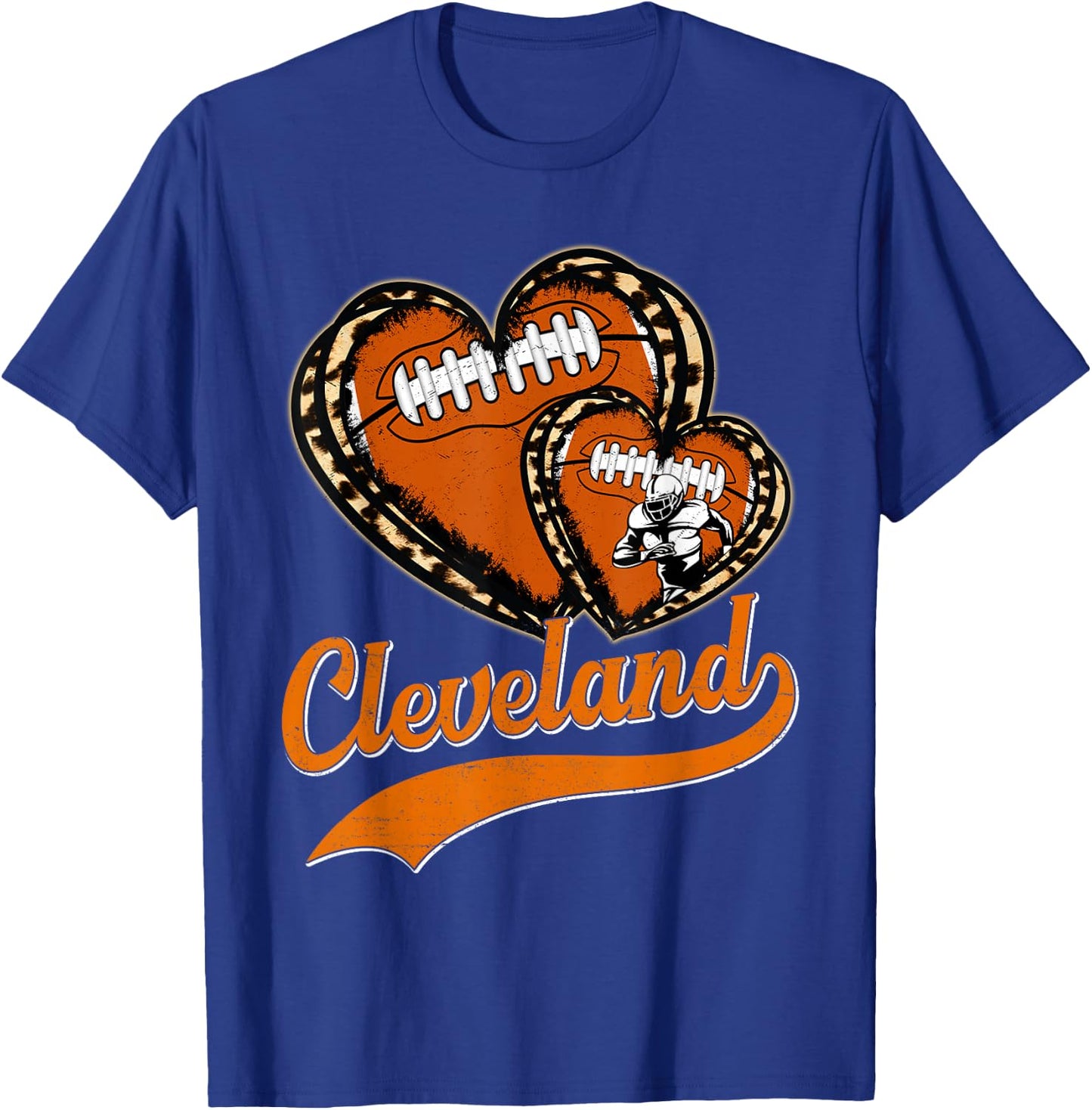 Vintage Leopard Heart Cleveland Football Player Sport Fans T-Shirt - T-Shirt | Royal