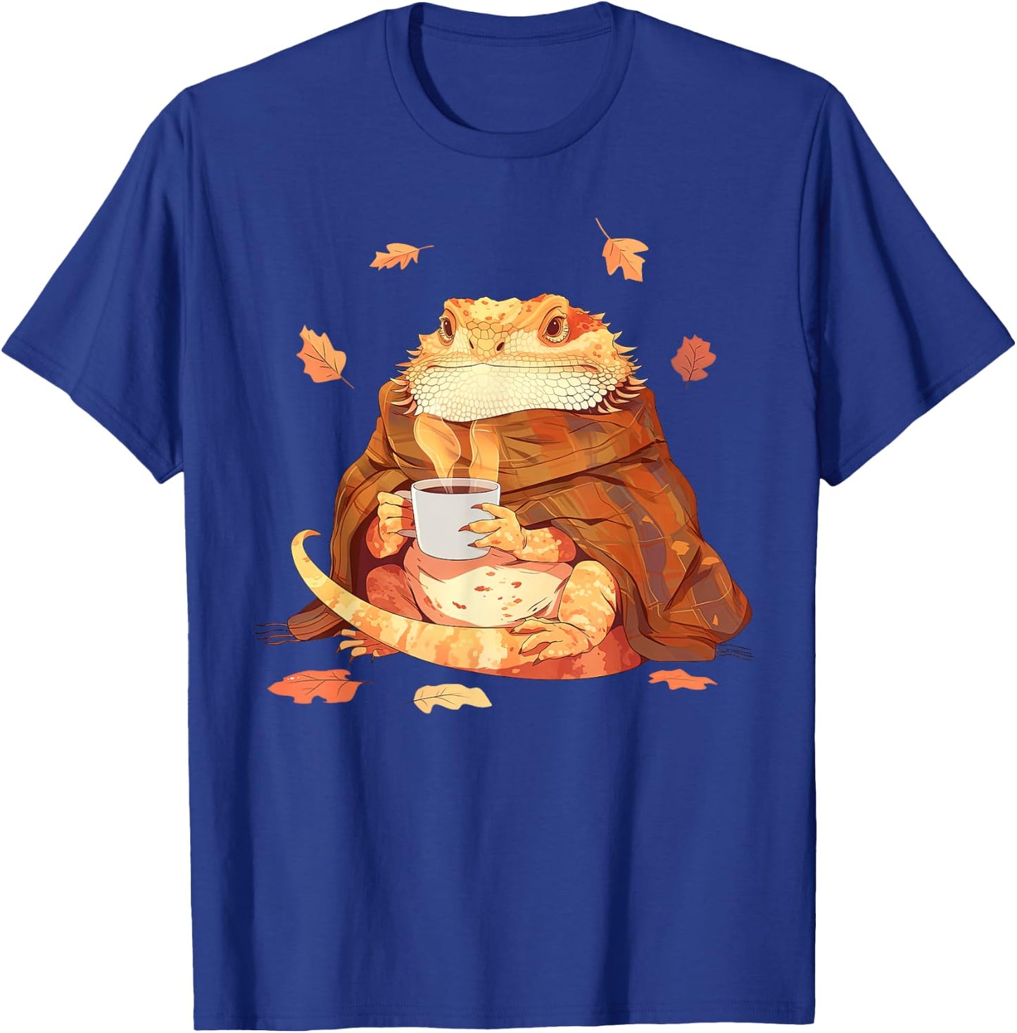 Cute Bearded Dragon In Blanket Drink Coffee Pumpkin Fall T-Shirt - T-Shirt | Royal
