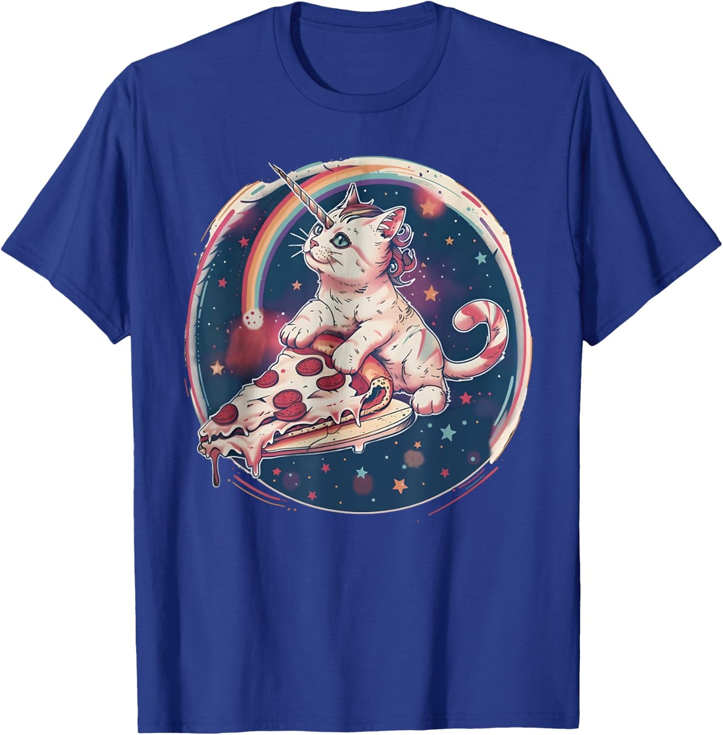 Funny Uni-Cat Flying A Pizza Unicorn Kitten Space Cats Lover Men Women Kids T-Shirt - T-Shirt | Royal