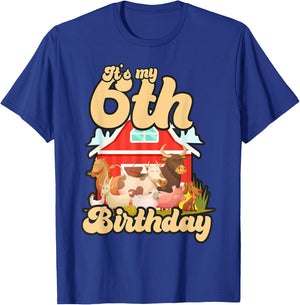 6th Birthday Shirt Farm Animals Cow Horse Pig 6 Years Old T-Shirt - T-Shirt | Royal