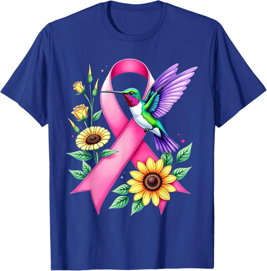 Hummingbird Sunflower Pink Ribbon Breast Cancer Awareness T-Shirt - T-Shirt | Royal