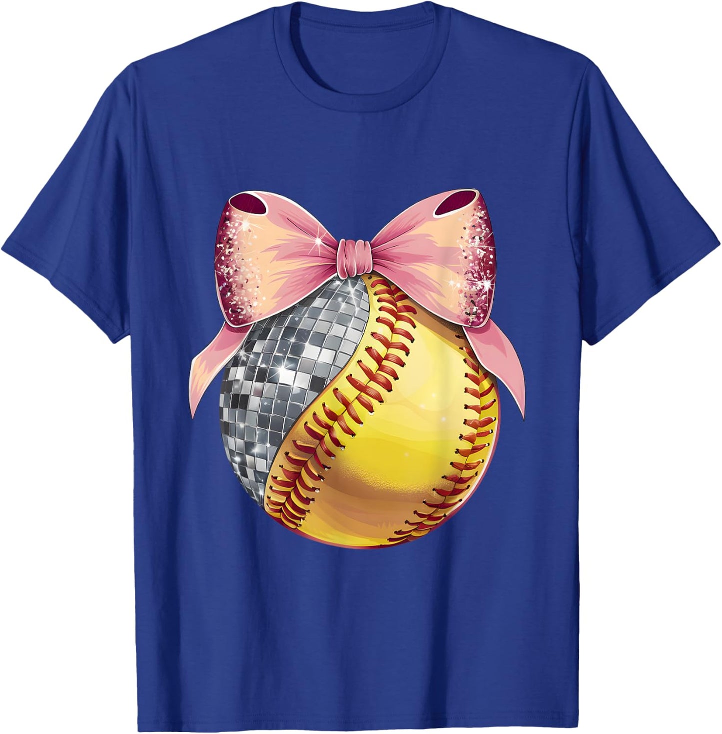 Cute Coquette Bow Disco Ball Softball Player Game Day Mom T-Shirt - T-Shirt | Royal