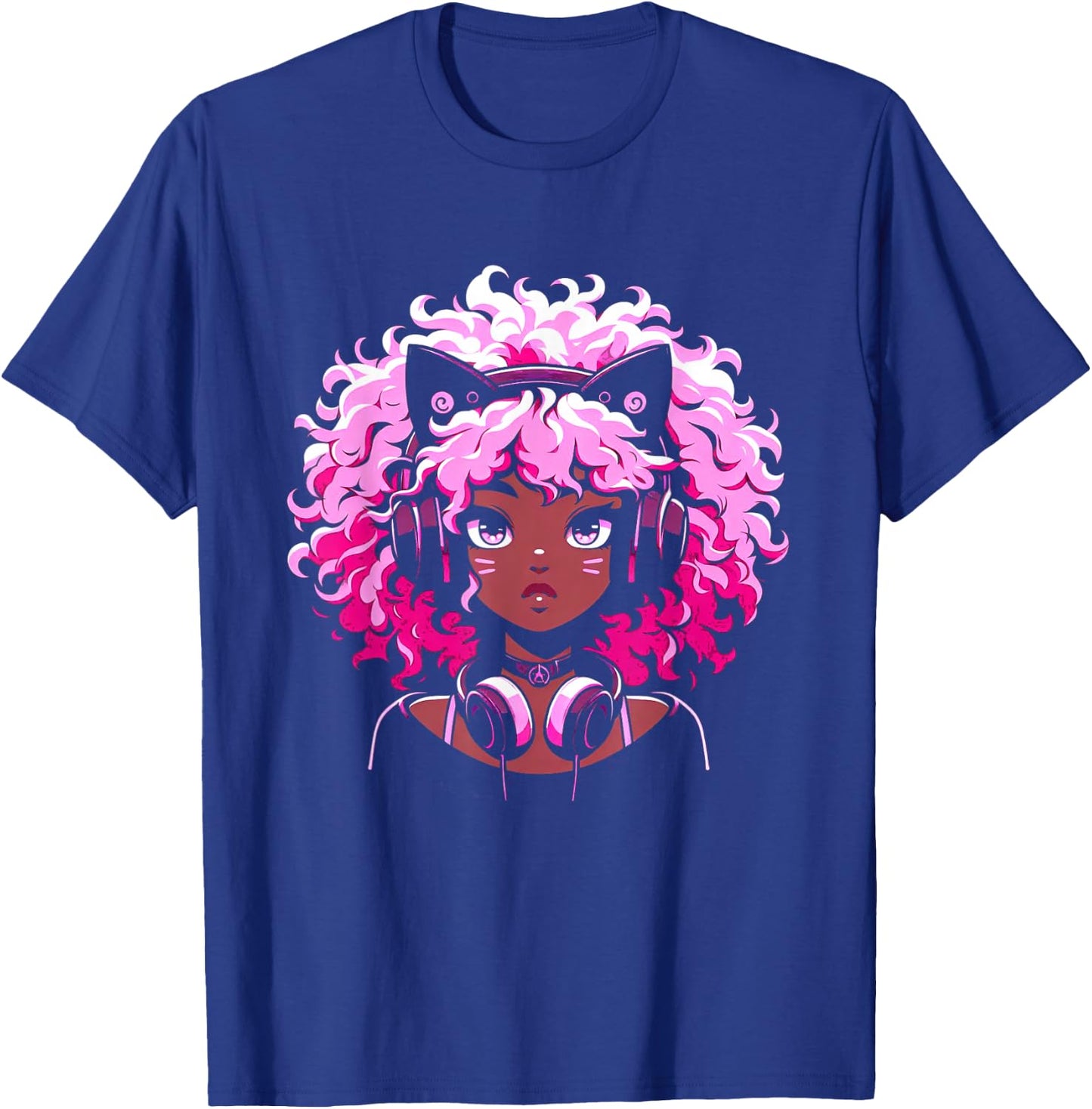 Anime and Music Black Girl Anime Merch Afro African American T-Shirt - T-Shirt | Royal