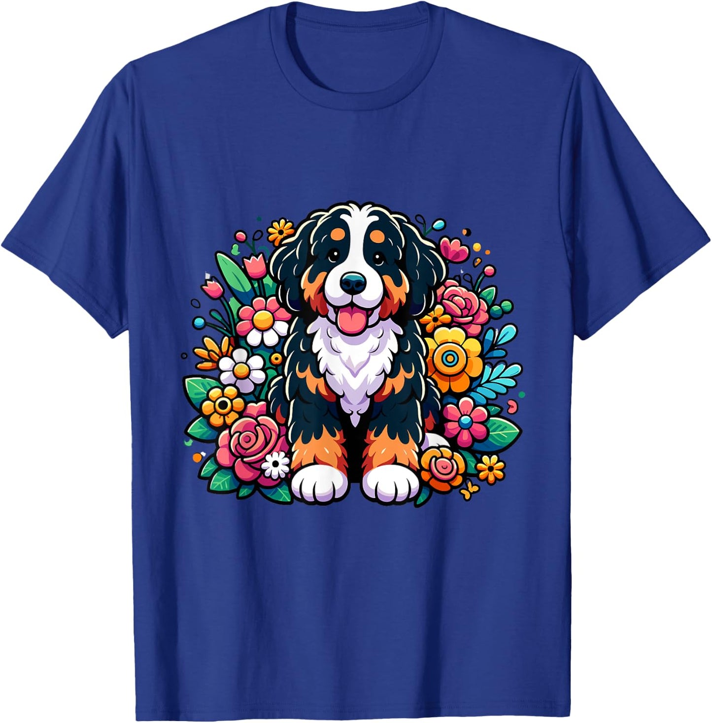 Cute Cartoon Style Bernedoodle Colorful Flower Floral T-Shirt - T-Shirt | Royal