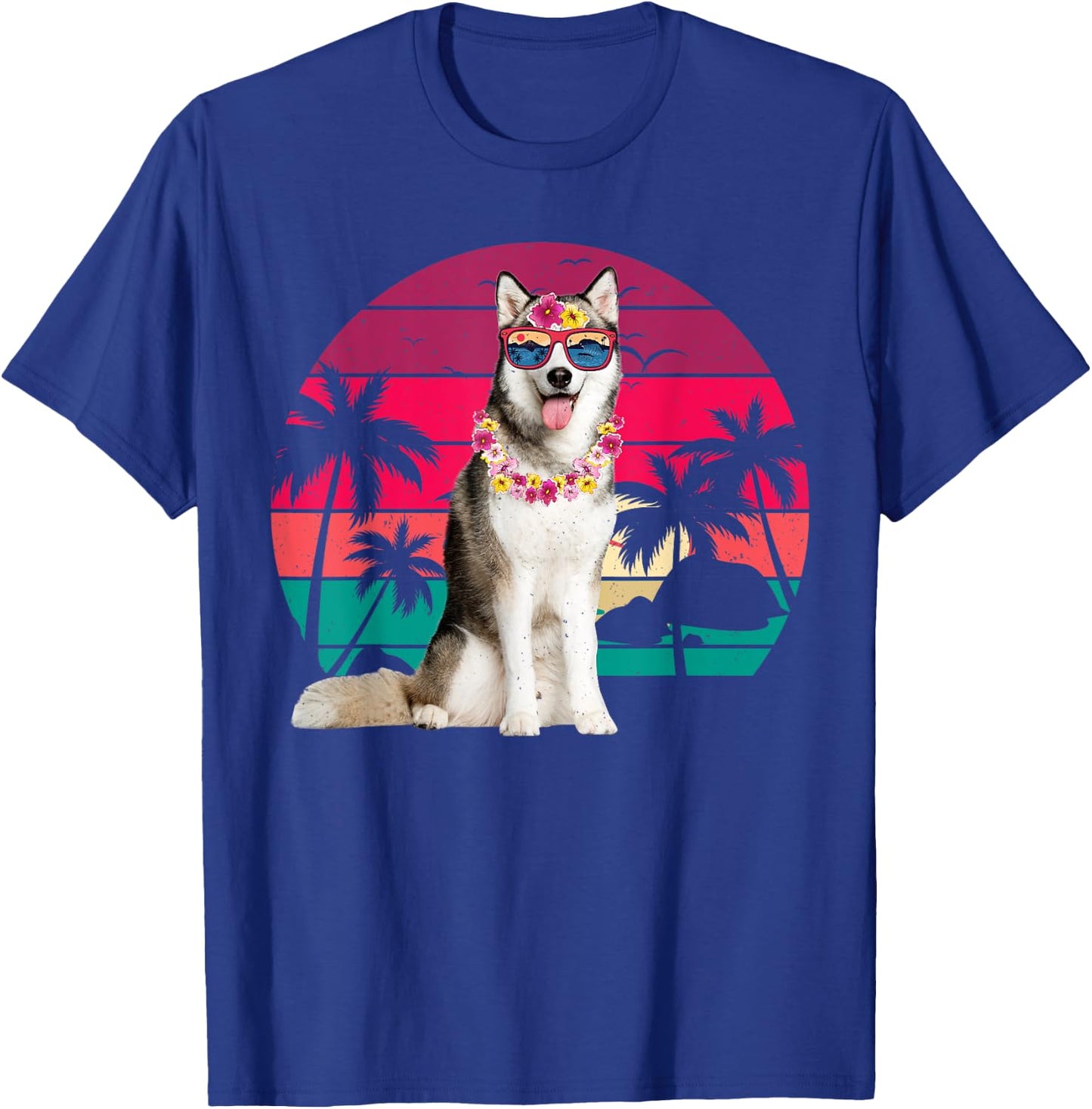 Retro Hawaiian Husky Dog Tropical Palm Trees Summer Vibes Women Kids T-Shirt - T-Shirt | Royal