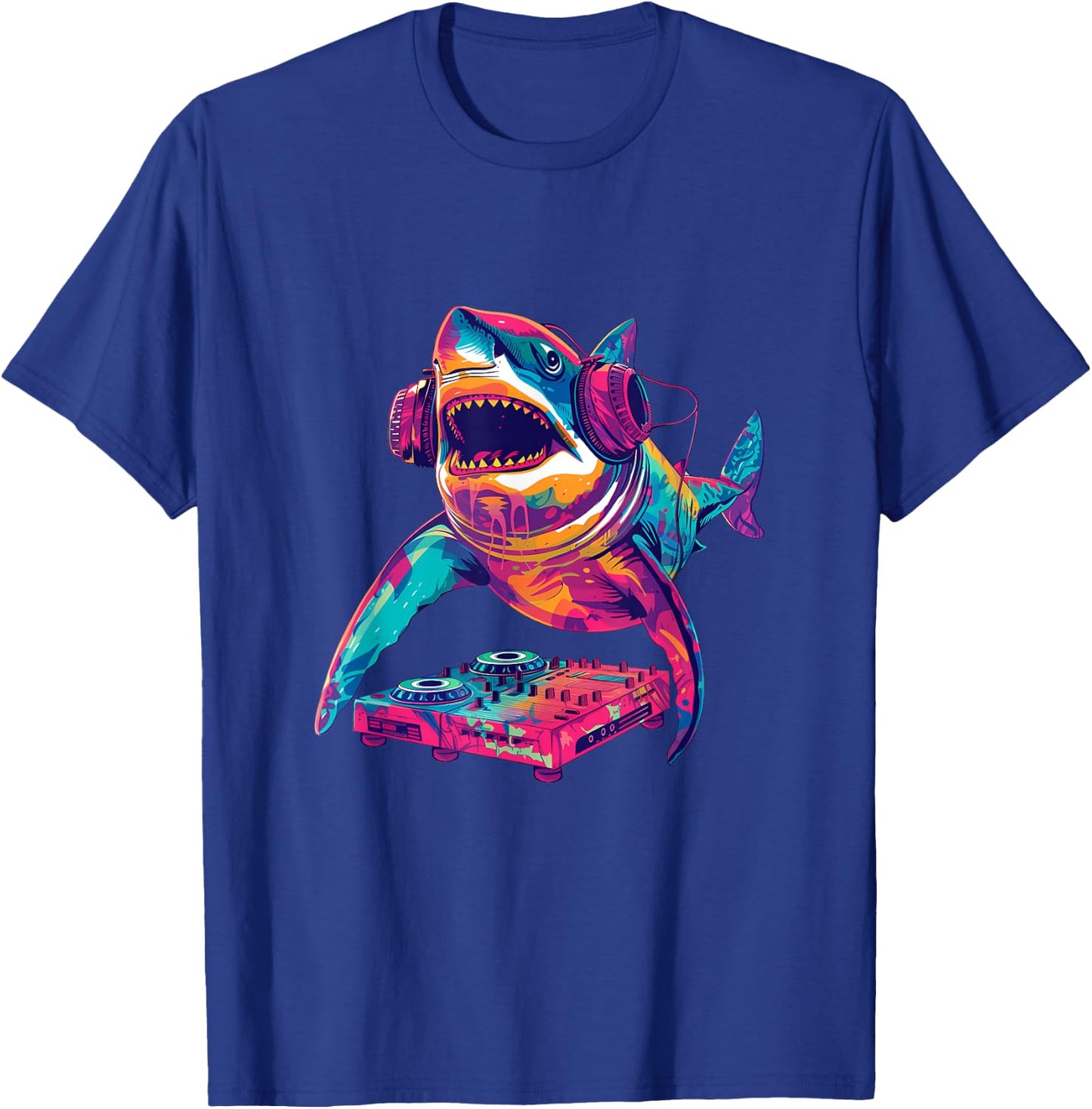 Party Shark Disco DJ with headphones turntable artwork T-Shirt - T-Shirt | Royal