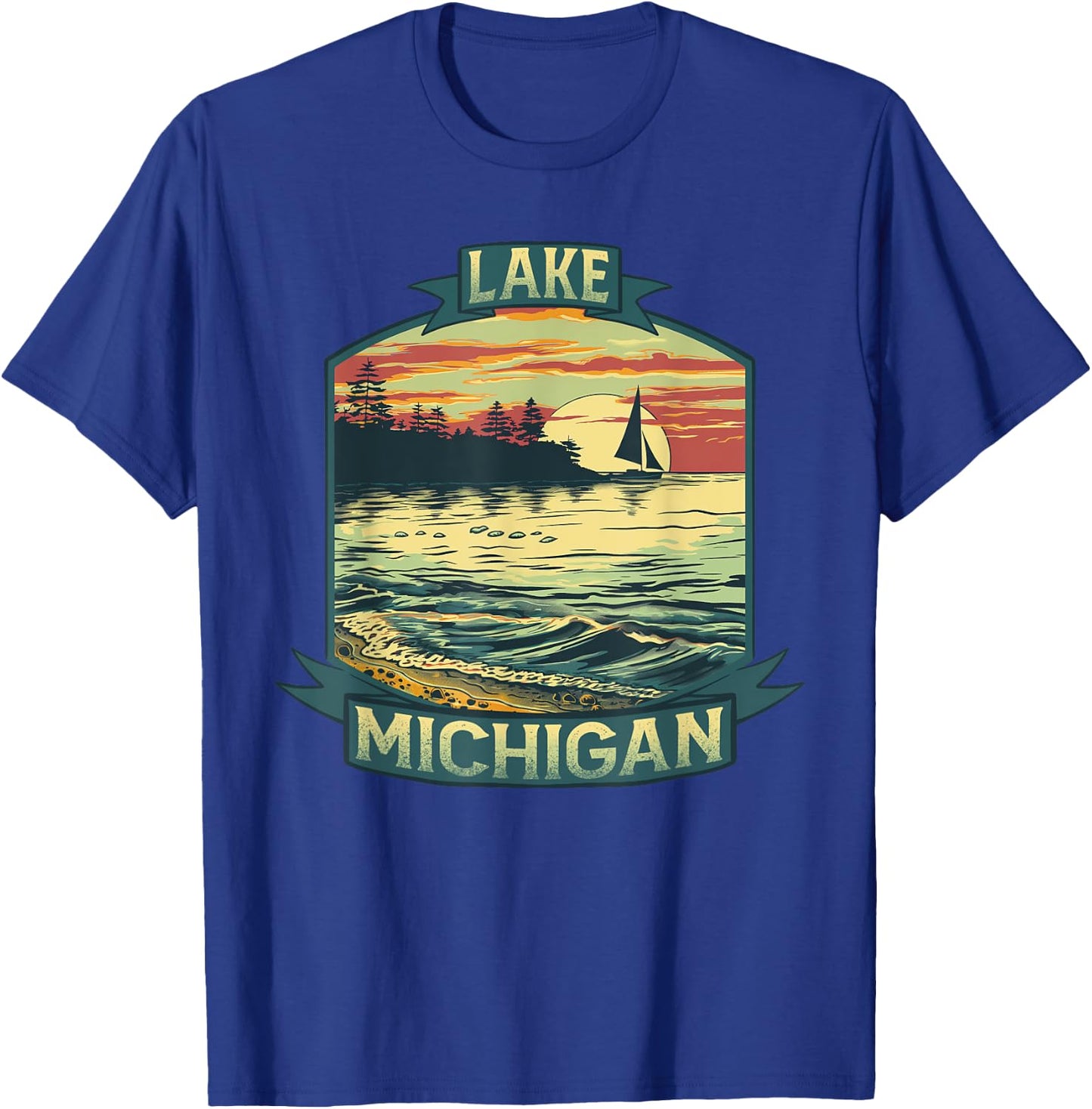 Lake Michigan USA Unsalted Shark Free Vintage Outdoors Retro T-Shirt - T-Shirt | Royal