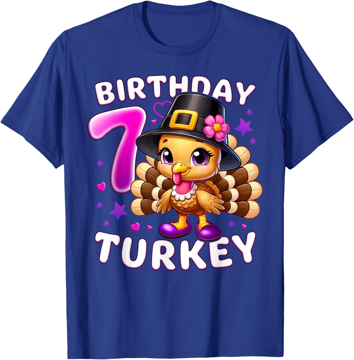 Girls 7th Birthday Thanksgiving Turkey T-Shirt - T-Shirt | Royal