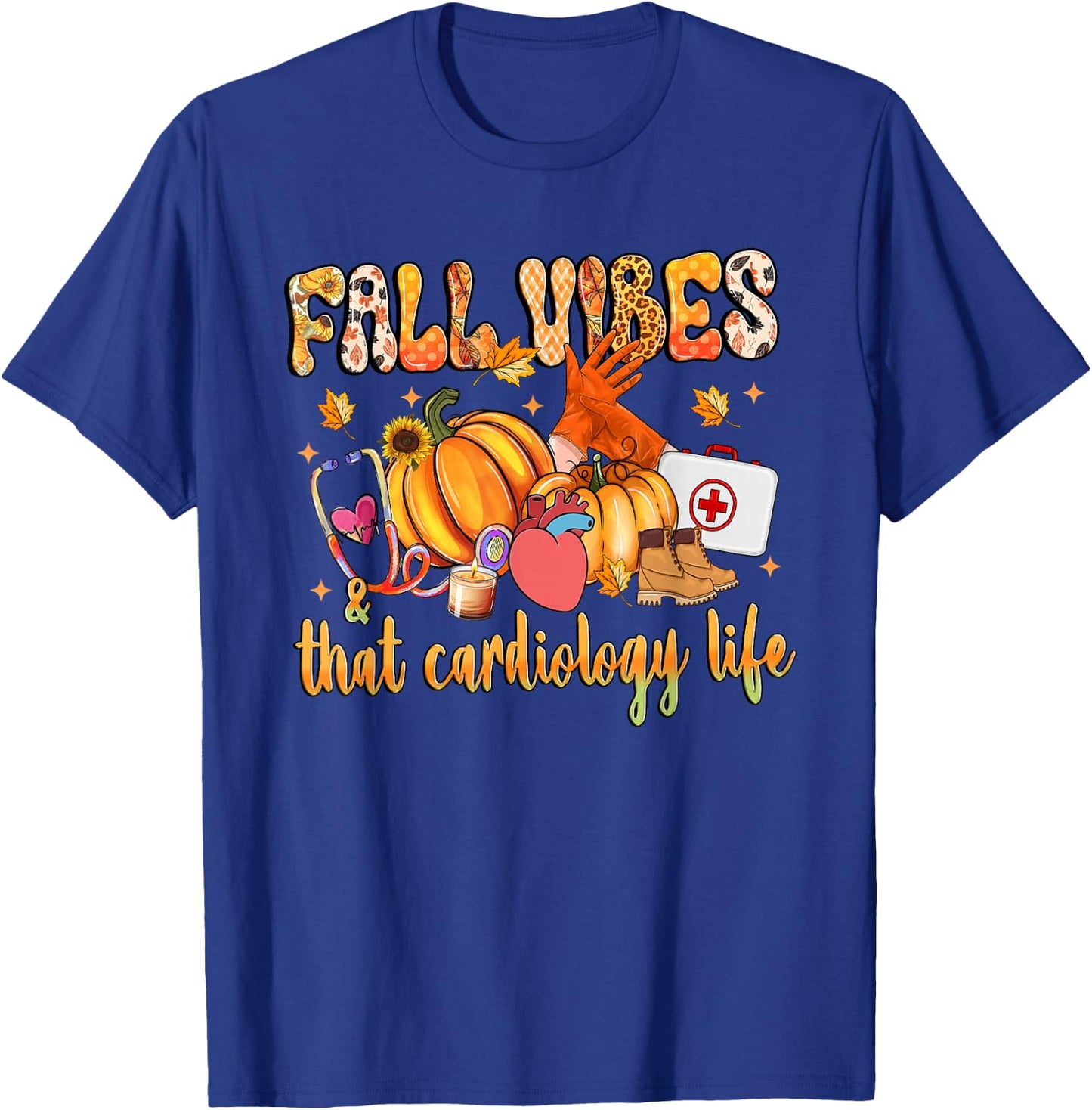 Fall Vibes & That Cardiology Life Pumpkin Leopard Gifts T-Shirt - T-Shirt | Royal