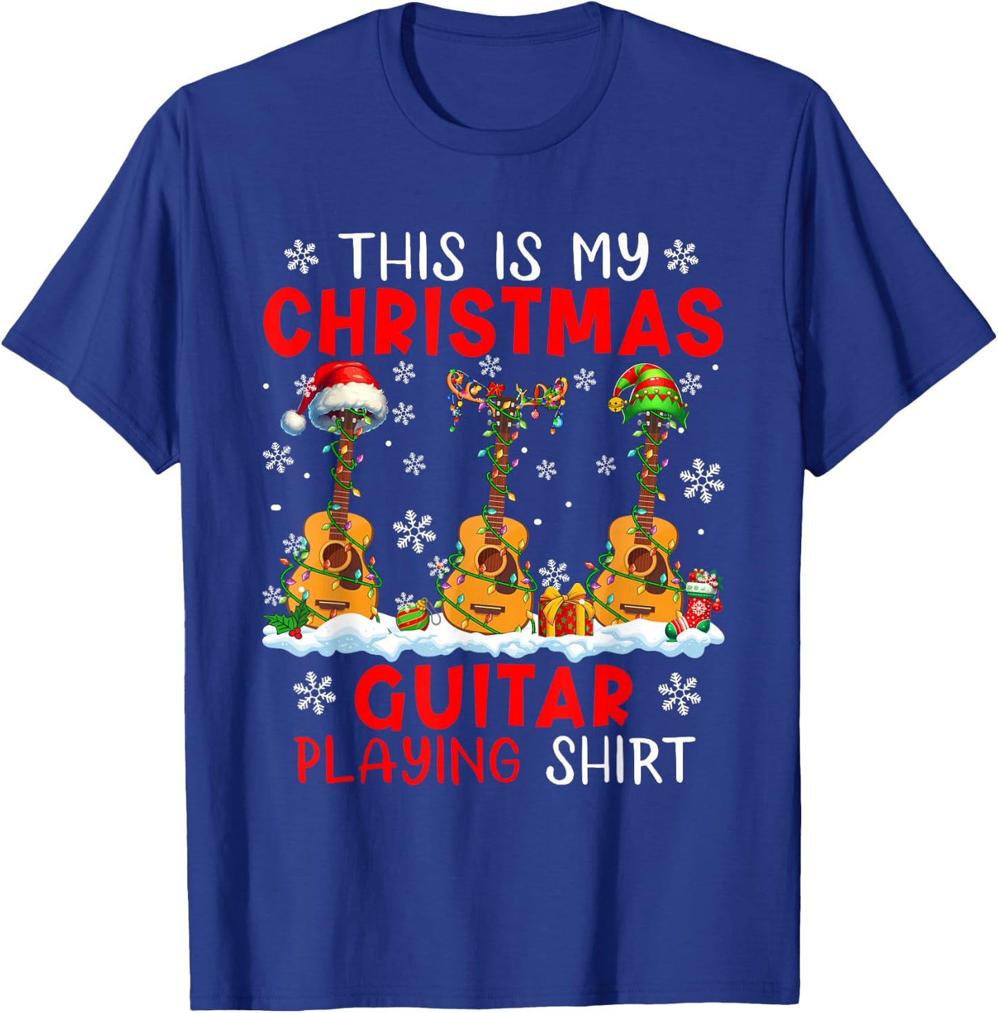 My Christmas Guitar Playing Shirt Three Santa Instruments T-Shirt - T-Shirt | Royal