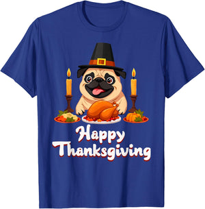 Pug Pilgrim's Hat Happy Thanksgiving Day Harvest Festival T-Shirt - T-Shirt | Royal