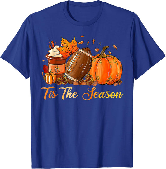 Pumpkin Spice Football Tis The Season Fall Thanksgiving T-Shirt - T-Shirt | Royal