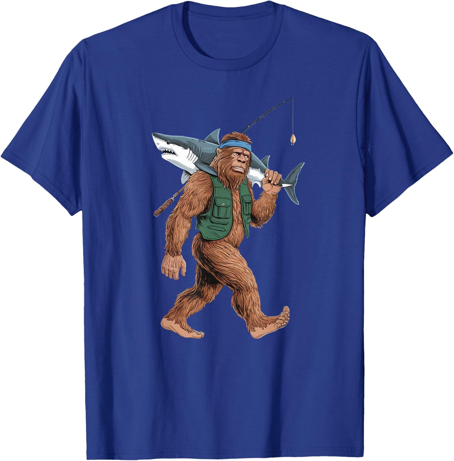 Bigfoot Fisherman Shirt - Funny Sasquatch With Shark T-Shirt - T-Shirt | Royal