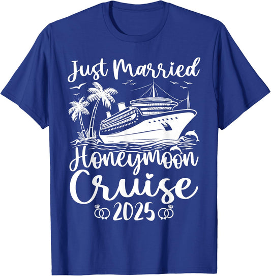 Just Married 2025 Wedding Ring Matching Honeymoon Cruise T-Shirt - T-Shirt | Royal