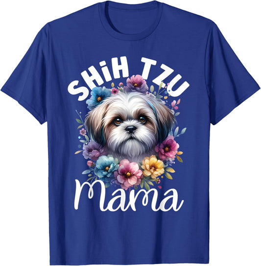 Watercolor Floral Shih Tzu Mama Dog Lovers Mother's Day Men Women Kids T-Shirt - T-Shirt | Royal