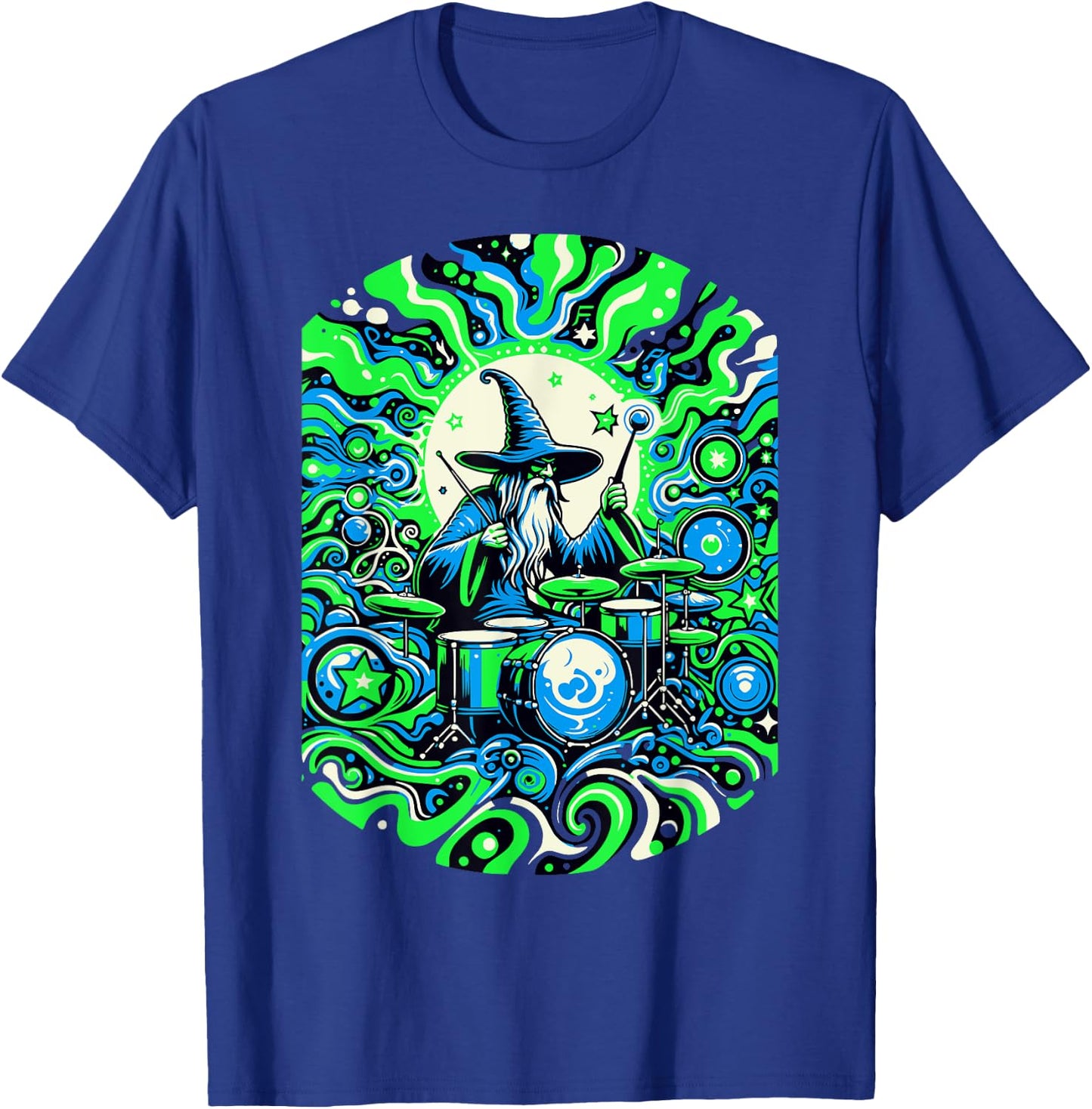 Psychedelic Trippy Rave Colourful Wizard on Drums T-Shirt - T-Shirt | Royal