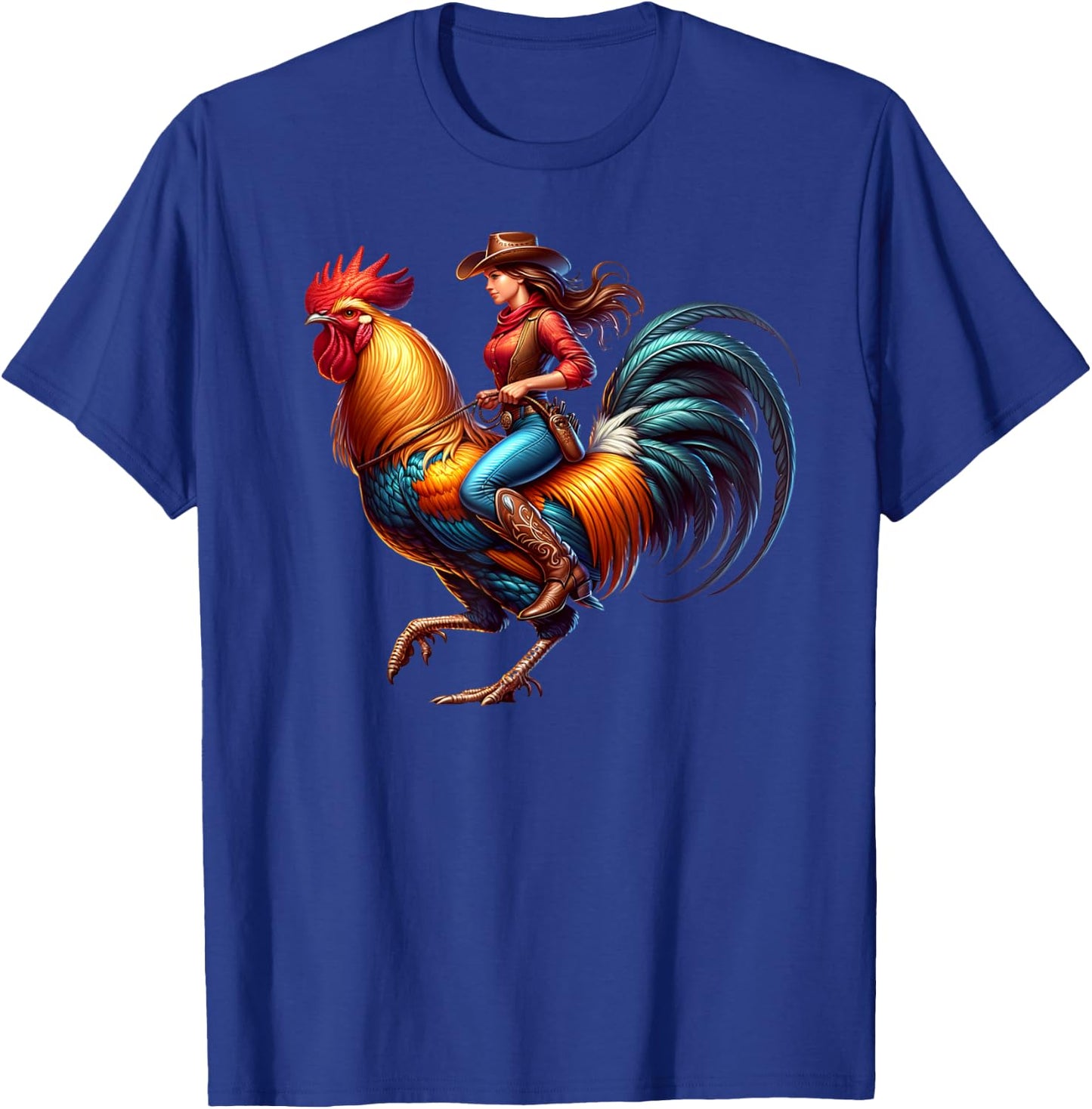 Funny Cowgirl Riding Rooster Country Life Western Girls T-Shirt - T-Shirt | Royal