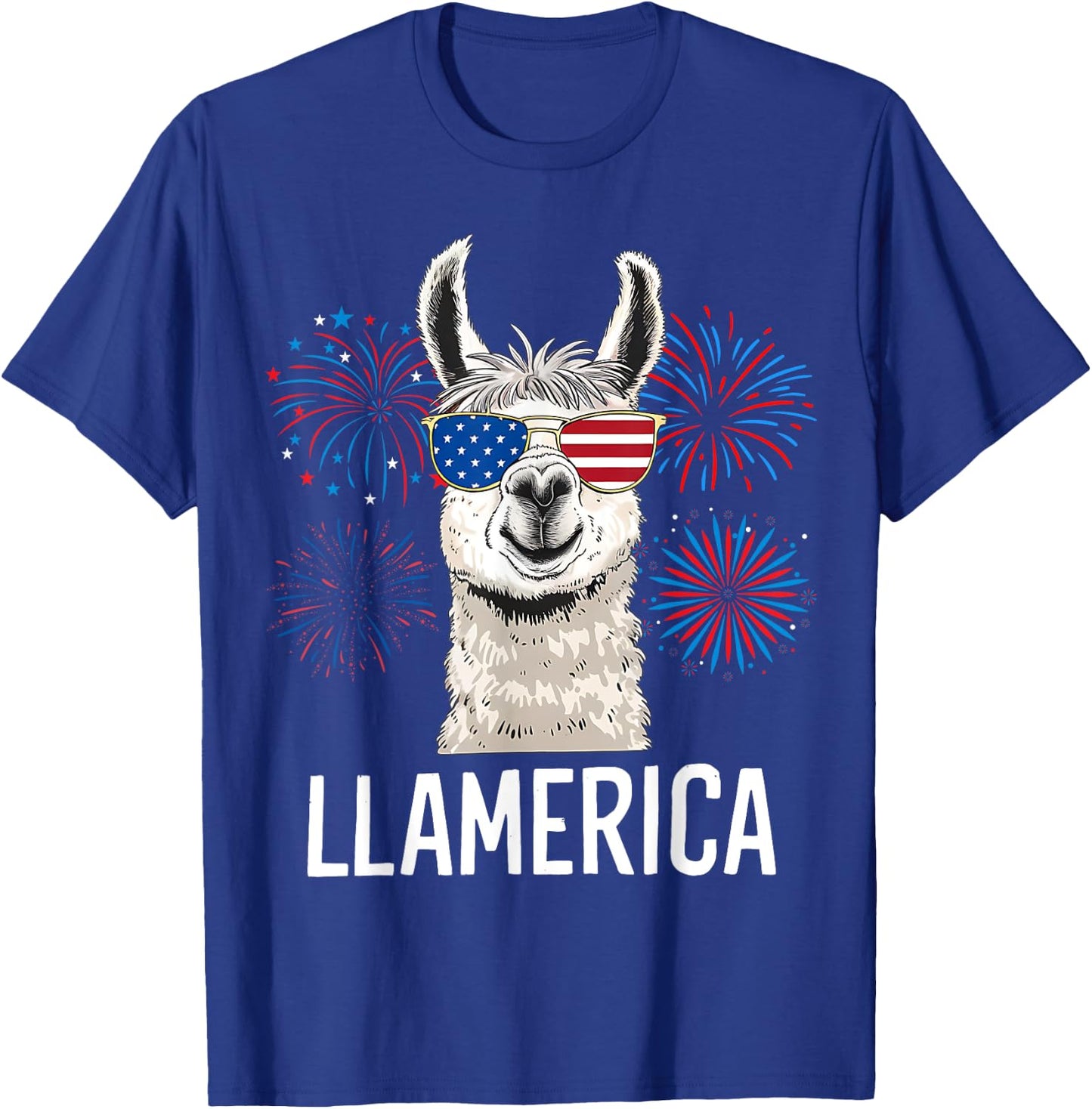 Funny Llamerica Fourth July American Flag Firework Graphic T-Shirt - T-Shirt | Royal