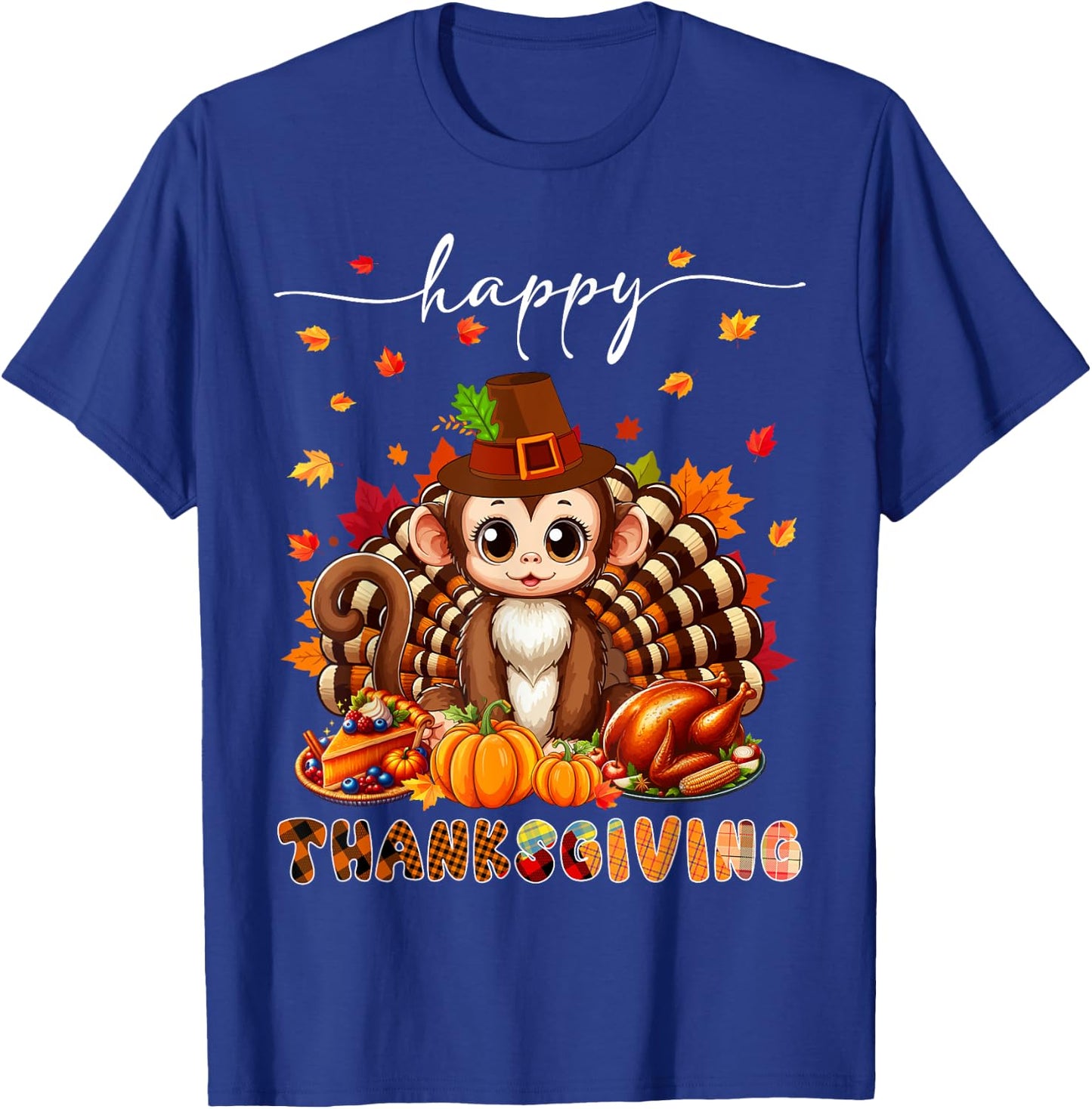 Happy Thanksgiving Monkey Costume Turkey Fall Leaves Food T-Shirt - T-Shirt | Royal