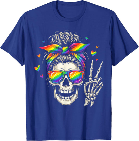 Messy Bun Skull Rainbow Flag LGBT Gay Pride Women Girls T-Shirt - T-Shirt | Royal