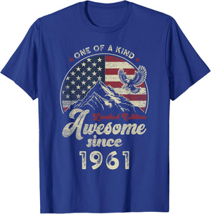 Awesome Since 1961 American Flag 65th Birthday Patriotic T-Shirt - T-Shirt | Royal