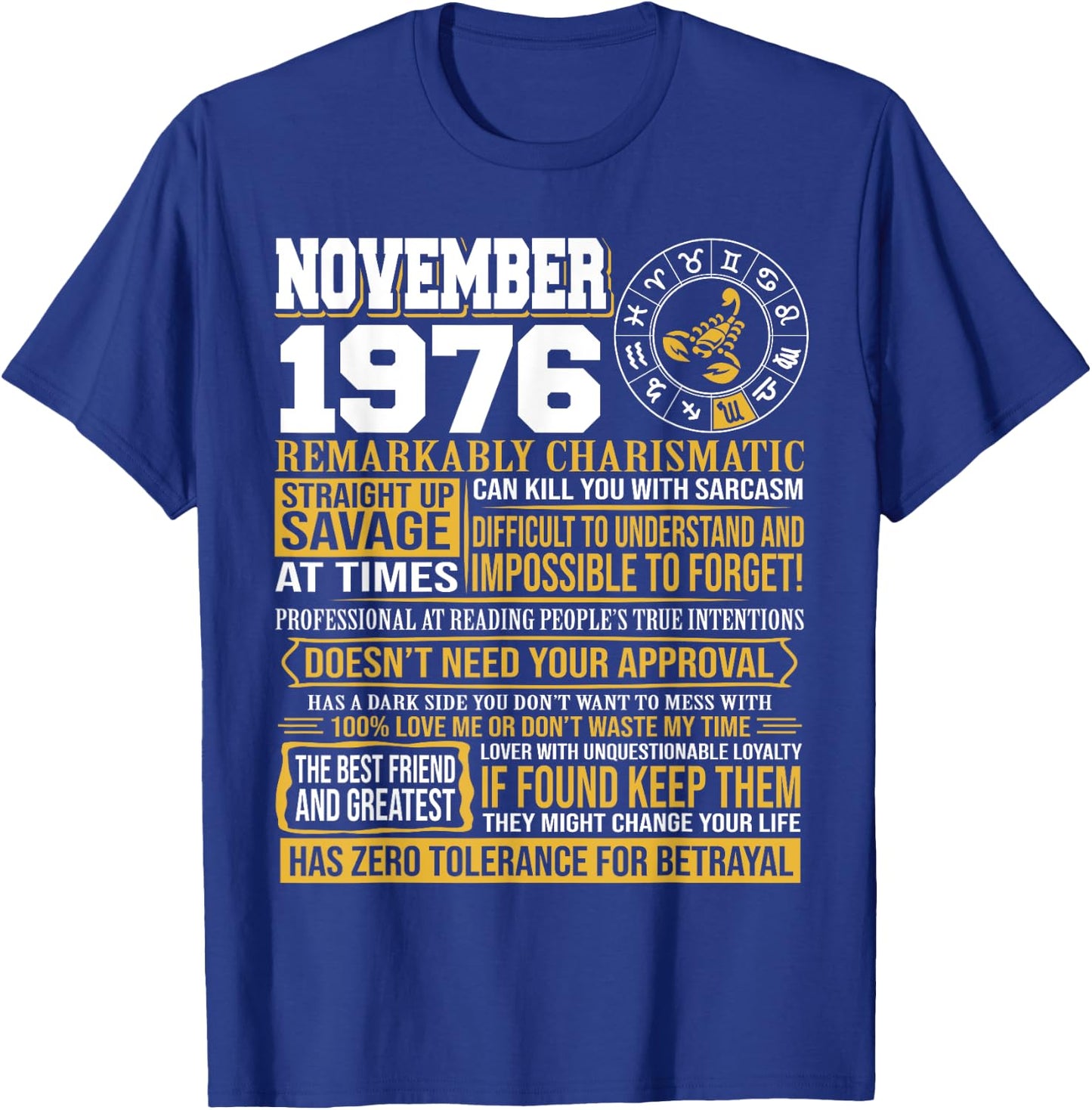 November Birthday Gifts - Born November Scorpio 1976 Funny T-Shirt - T-Shirt | Royal
