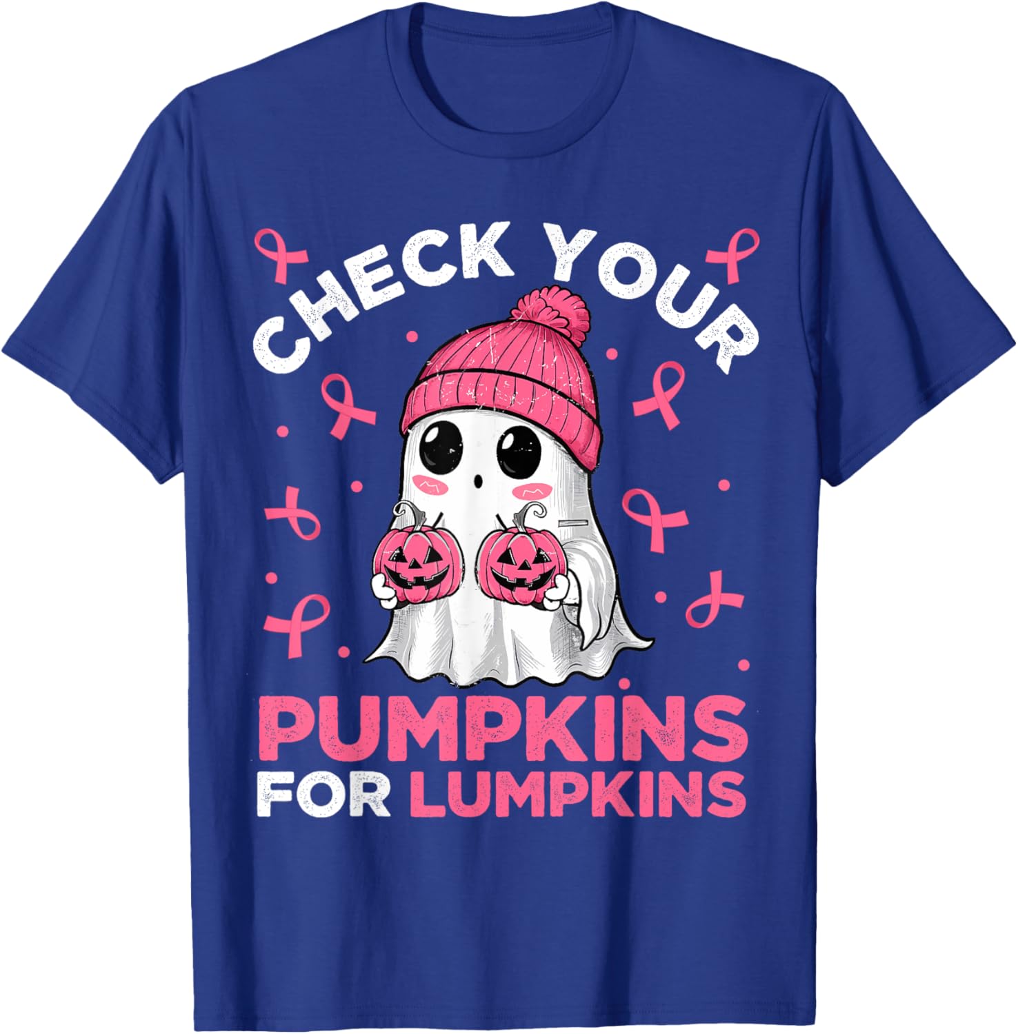 Breast Cancer Halloween Boo Ghost Check Your Pumpkins T-Shirt - T-Shirt | Royal