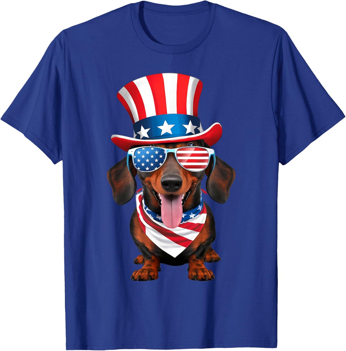 Dachshund Dog American Flag Glasses Hat 4th of July T-Shirt - T-Shirt | Royal