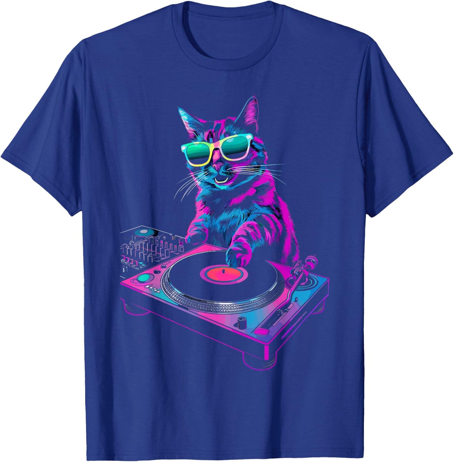 House DJ Cat Rainbow DJ Cat Kitty on Turntable Disco DJ Cat , Small, Black T-Shirt - T-Shirt | Royal