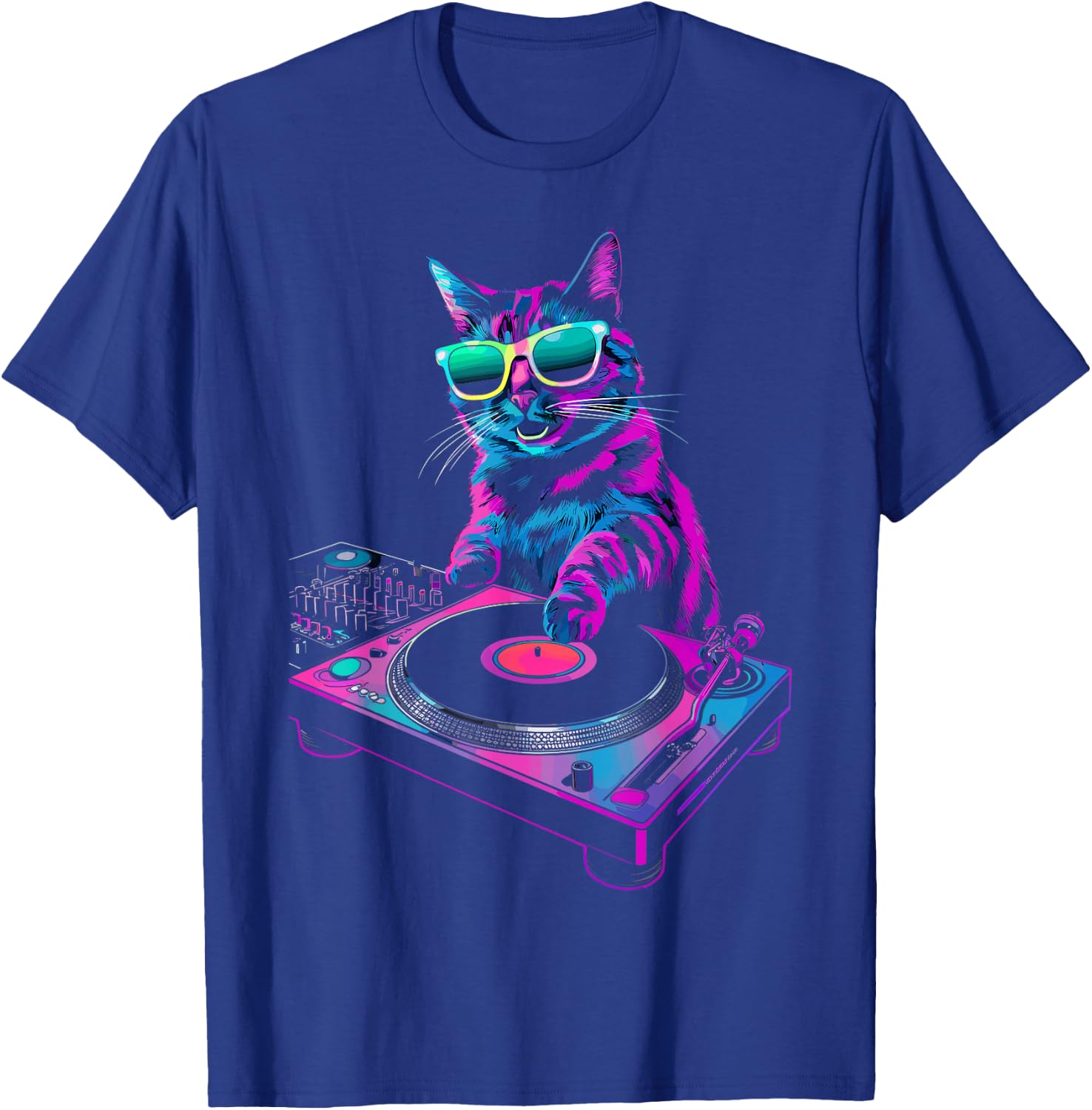 House DJ Cat Rainbow DJ Cat Kitty on Turntable Disco DJ Cat , Small, Black T-Shirt - T-Shirt | Royal