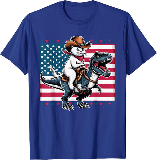 Cute Cowboy Cat Riding Dinosaur USA Flag T-Rex 4th of July , Small, Black T-Shirt - T-Shirt | Royal
