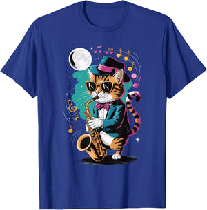 Cat Playing Saxophone Men Women Kids T-Shirt - T-Shirt | Royal