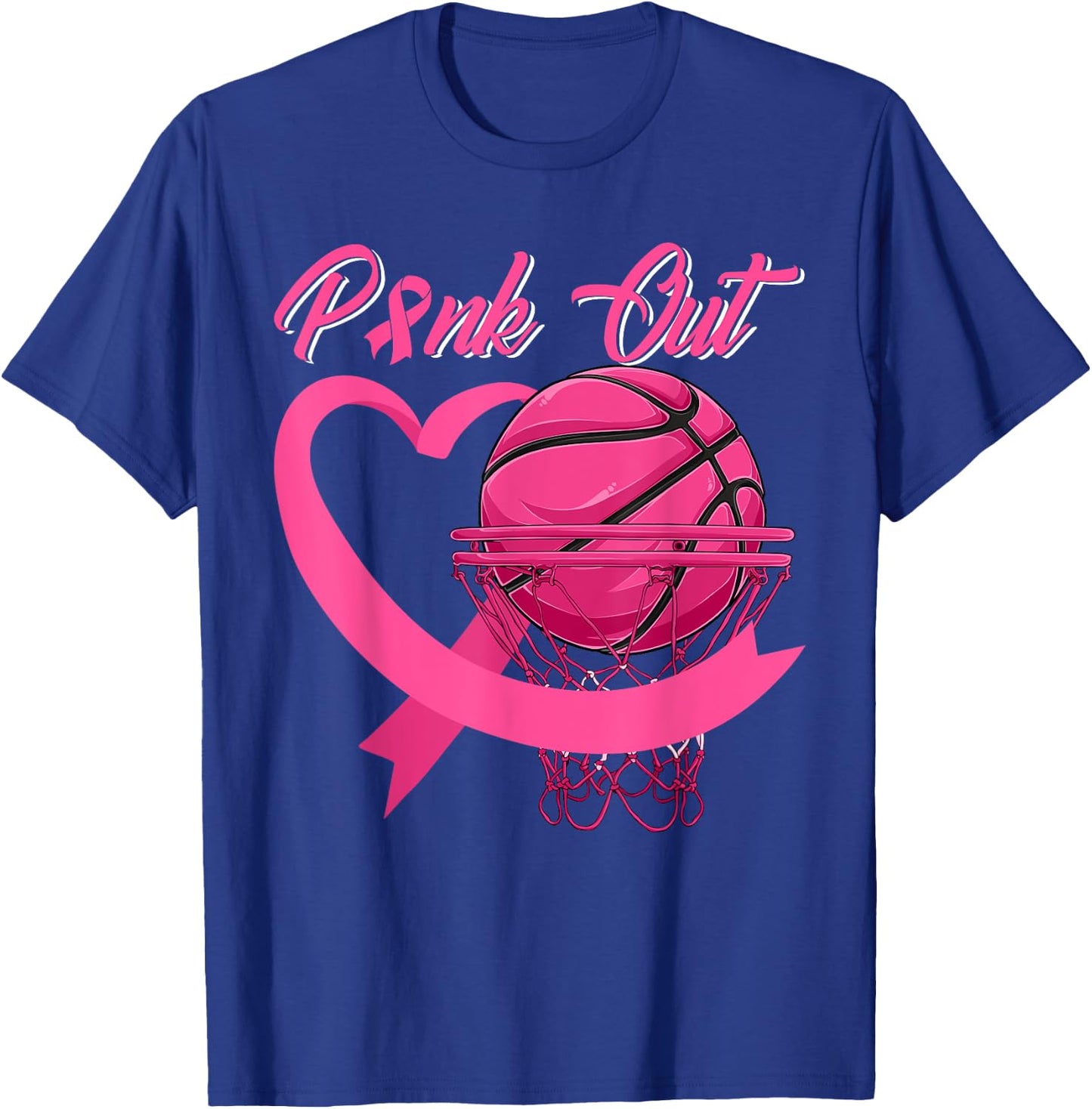 Pink Out Breast Cancer Pink Ribbon Heart & Basketball Ball T-Shirt - T-Shirt | Royal
