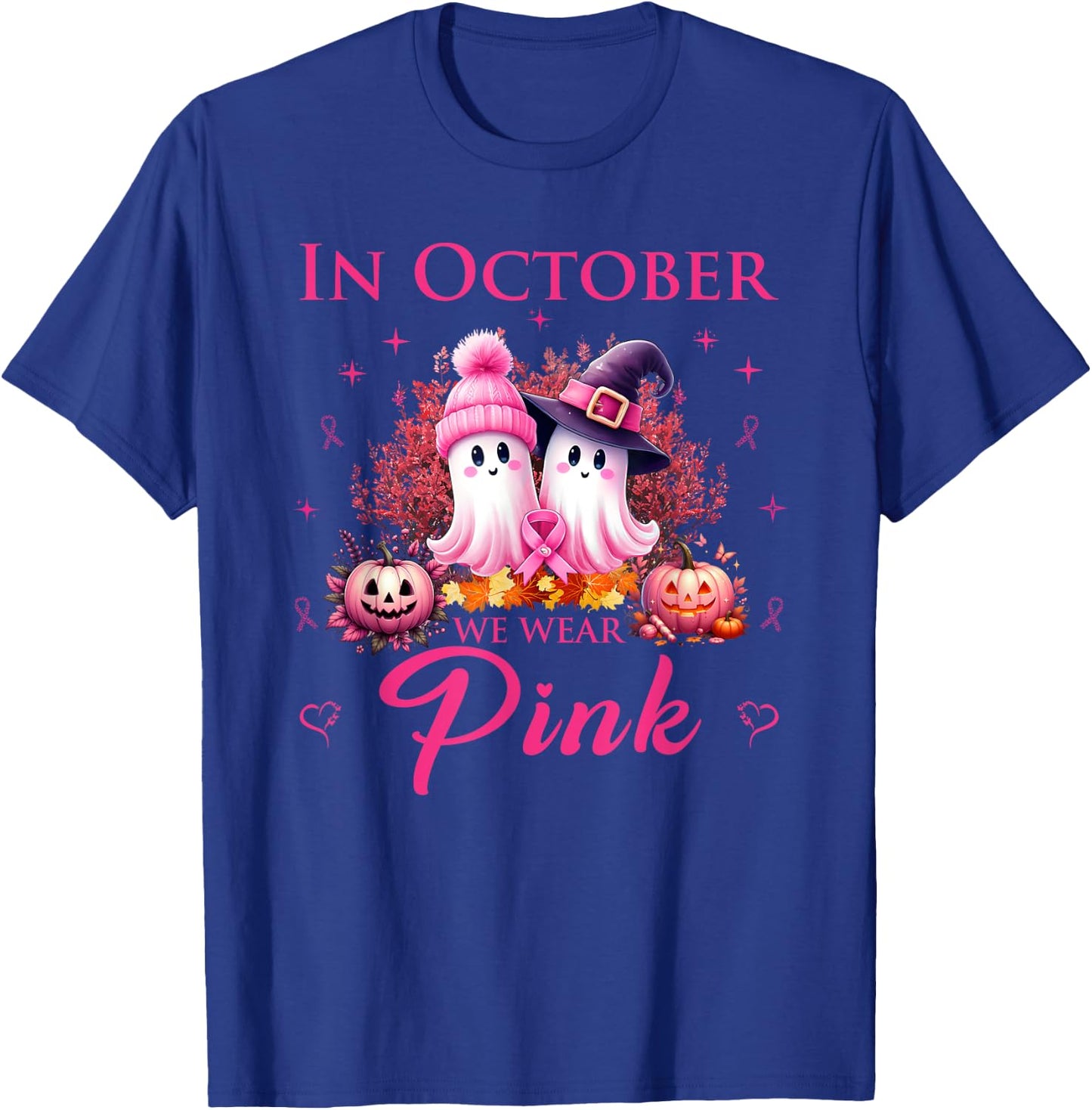In October We Wear Pink Ghost Breast Cancer Awareness T-Shirt - T-Shirt | Royal