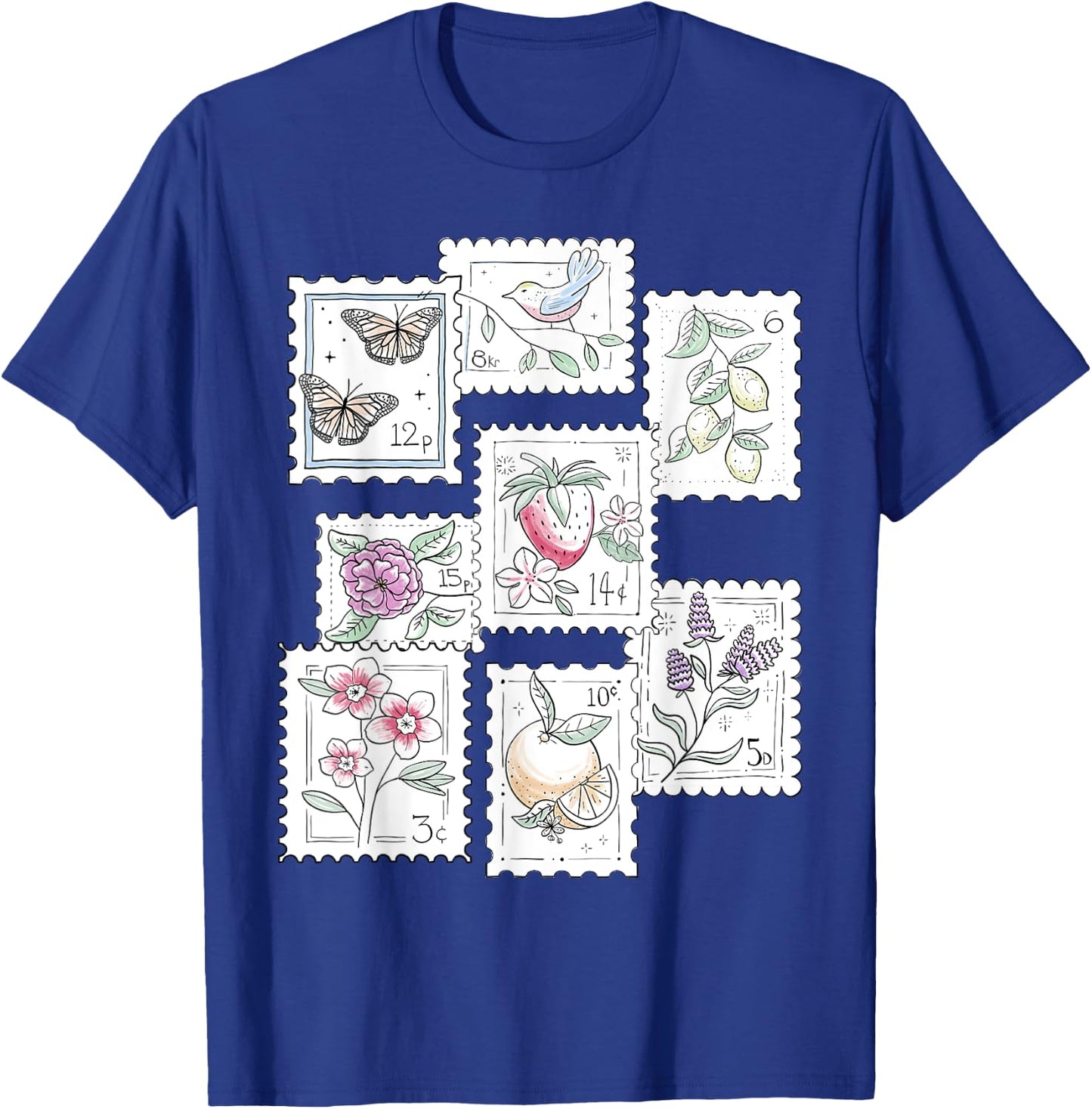 Postage Stamp Pattern Flowers Butterflies Bird Strawberry T-Shirt - T-Shirt | Royal